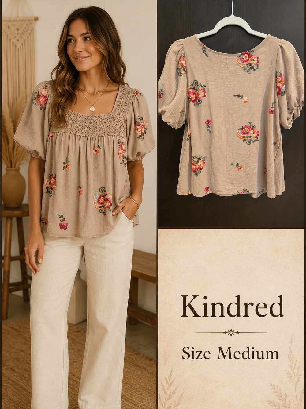Kindred floral blouse with embroidered flowers in pink, orange, and green.